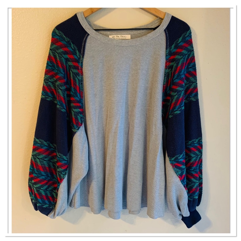 Free People Rainbow Dream Embroidered Long Sleeve Top Gray Blue Size Small